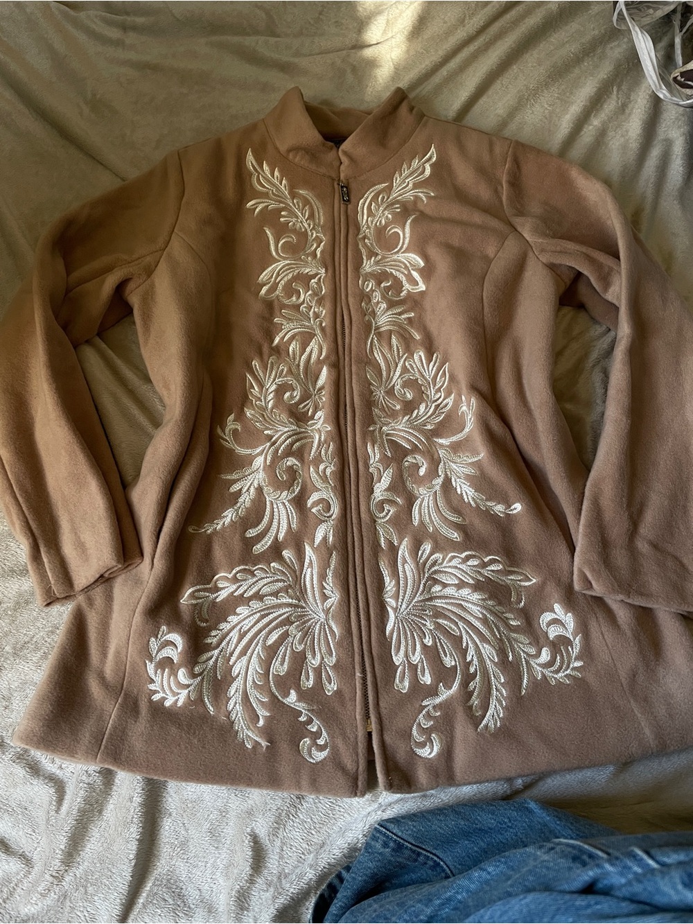 Bob Mackie Taupe Trench Coat with White Embroidered Front